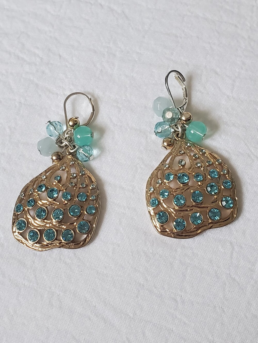 Aqua Crystal Gold-tone Teardrop Earrings with  Seafoam Green Bead Accents